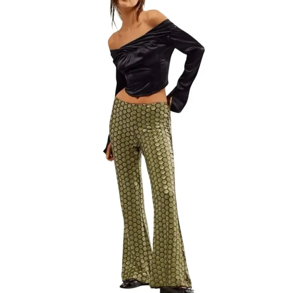 FREE PEOPLE Wilder Days Sequined Flared Pants in Olive Size 10 New MSRP $198